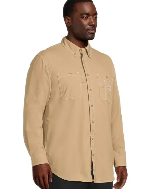 Carhartt Big & Tall | Shirts & Tops<Big & Tall Flame-Resistant Force Original Fit Lightweight Long Sleeve Button Front Shirt Dark Khaki