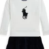 Polo Ralph Lauren Kids Dresses<Big Pony Corduroy-Skirt Fleece Dress (Big Kid) Deckwash White w/Navy