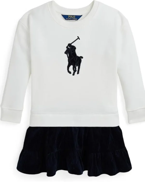 Polo Ralph Lauren Kids Dresses<Big Pony Corduroy-Skirt Fleece Dress (Big Kid) Deckwash White w/Navy