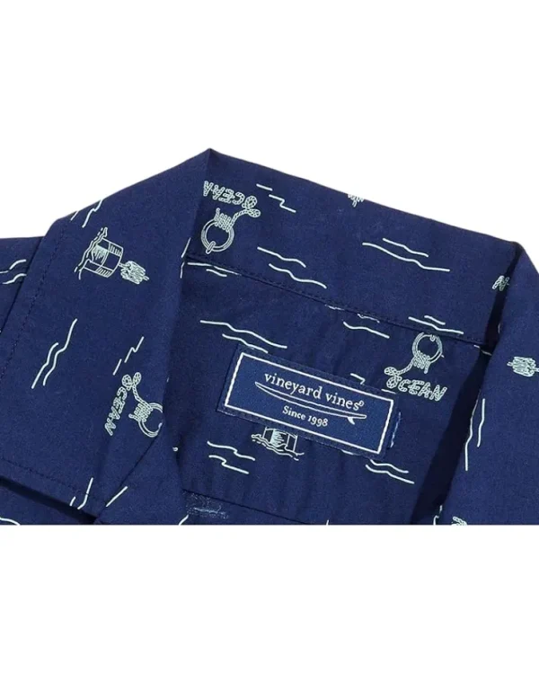 Vineyard Vines Kids Shirts & Tops<Boys Short Sleeves Cabana Shirt (Little Kid) Sea Icons Border Chappy- Nautical Navy