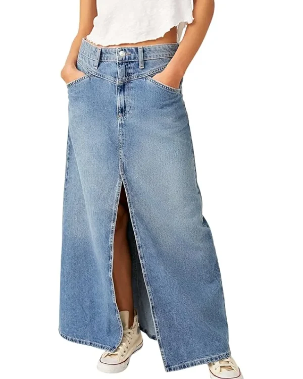 Free People Skirts<Come As You Are Denim Max Sapphire Blue Slit