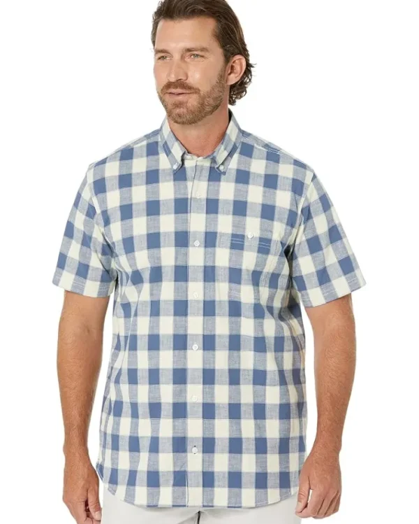 L.L.Bean Big & Tall<Comfort Stretch Chambray Shirt Short Sleeve Traditional Fit Plaid - Tall Vintage Indigo