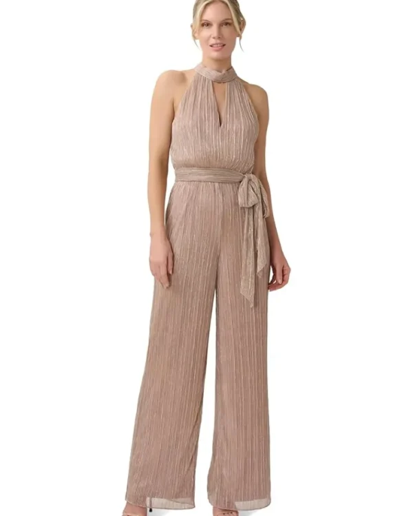 Adrianna Papell Jumpsuits & Rompers<Crinkle Metallic Halter Neck Blouson Jumpsuit Taupe/Pink