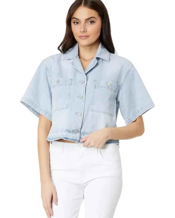 Blank NYC Shirts & Tops<Cropped Short Sleeve Denim Shirt Blue