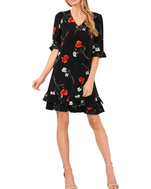 CeCe Dresses<Floral V-Neck Knit Dress W/ Ruffle Hem Rich Black