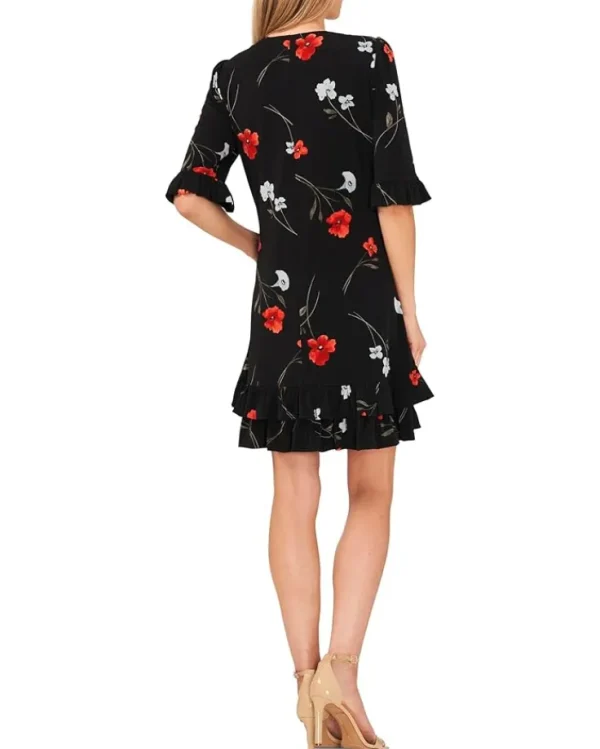 CeCe Dresses<Floral V-Neck Knit Dress W/ Ruffle Hem Rich Black