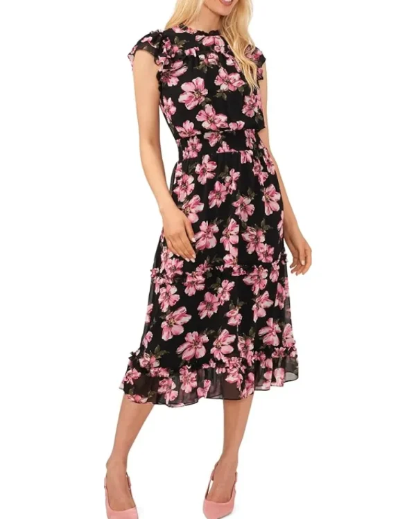 CeCe Dresses<Flutter Sleeve Smocked Waist Dress Rich Black