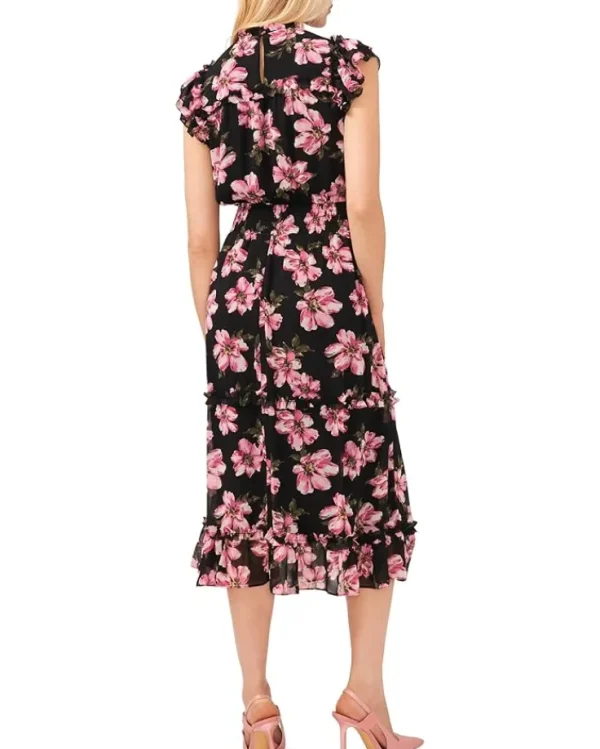 CeCe Dresses<Flutter Sleeve Smocked Waist Dress Rich Black