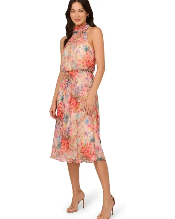Adrianna Papell Dresses<Halter Tie Blouson Midi Dress Red Multi