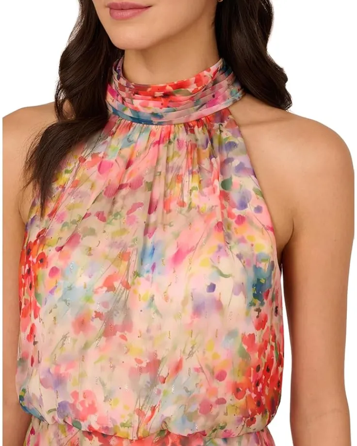 halter_tie_blouson_midi_d_2.webp Adrianna Papell Dresses<Halter Tie Blouson Midi Dress Red Multi