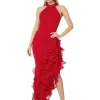 Betsy & Adam Dresses<Long asymetrical ruffled mock neck Red