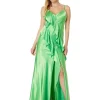 Betsy & Adam Dresses<Long Charmous Spaghetti Ruffle Front Green