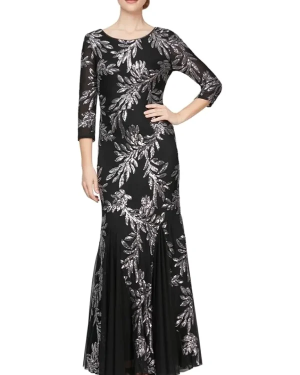 Alex Evenings Dresses<Long Fit-and-Flare Dress with Godet Detail Skirt and 3/4 Sleeves Black/Pewter