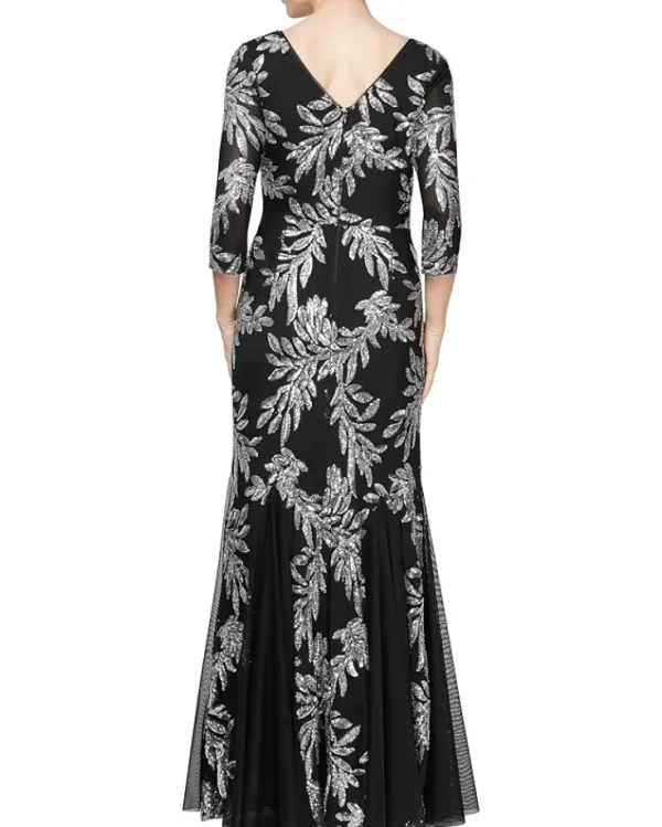 Alex Evenings Dresses<Long Fit-and-Flare Dress with Godet Detail Skirt and 3/4 Sleeves Black/Pewter