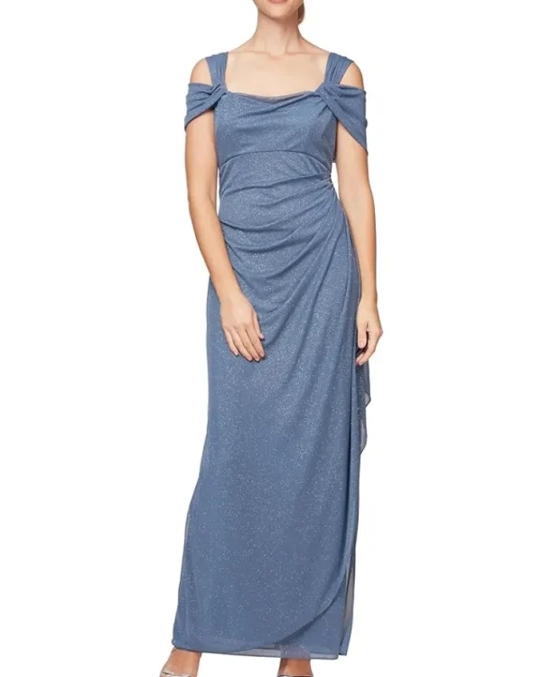 Alex Evenings Dresses<Long Glitter Mesh Cold Shoulder Dress Dusty Blue