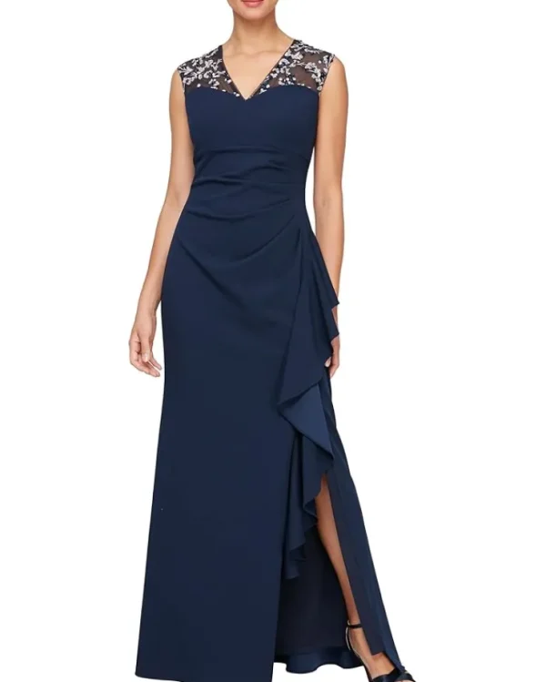 Alex Evenings Dresses<Long Matte Jersey Dress with Embroidered Illussion Neckline Navy/Pink