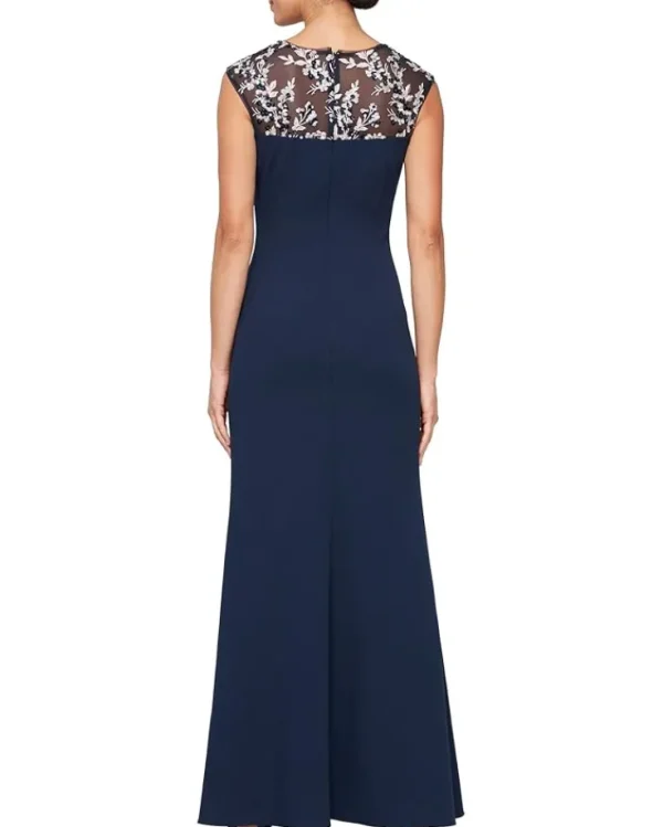 Alex Evenings Dresses<Long Matte Jersey Dress with Embroidered Illussion Neckline Navy/Pink