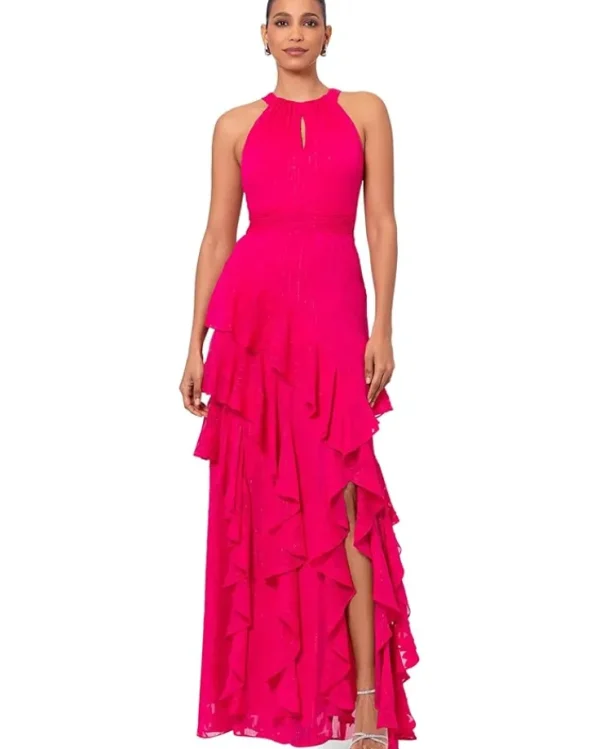 XSCAPE Dresses | Plus Size<Long Metallic Chifon Tiered Ruffle Pink