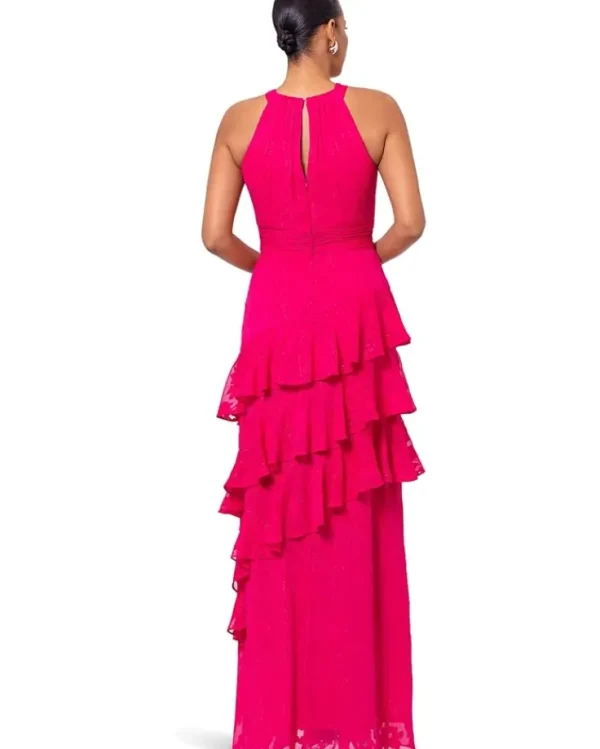 XSCAPE Dresses | Plus Size<Long Metallic Chifon Tiered Ruffle Pink