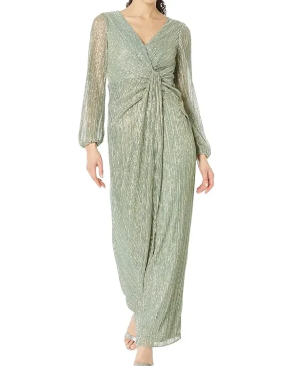 Adrianna Papell Dresses<Long Sleeve Crinkle Metallic Gown with Draped Waist Detail Green Slate