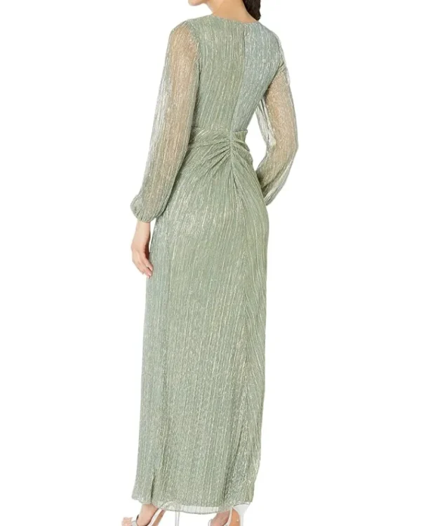 Adrianna Papell Dresses<Long Sleeve Crinkle Metallic Gown with Draped Waist Detail Green Slate