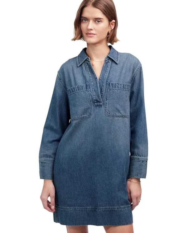 Madewell Dresses<Long Sleeve Popover Mini Dress in Croswell Croswell Wash