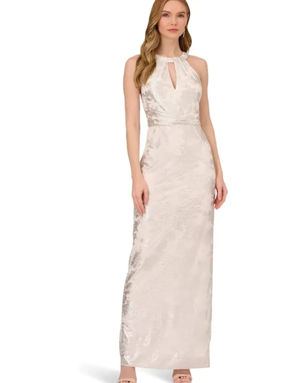 Adrianna Papell Dresses<Long Sleeveless Foiled Halter Gown Ivory/Silver