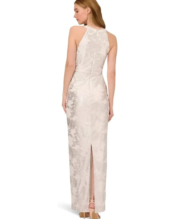 Adrianna Papell Dresses<Long Sleeveless Foiled Halter Gown Ivory/Silver