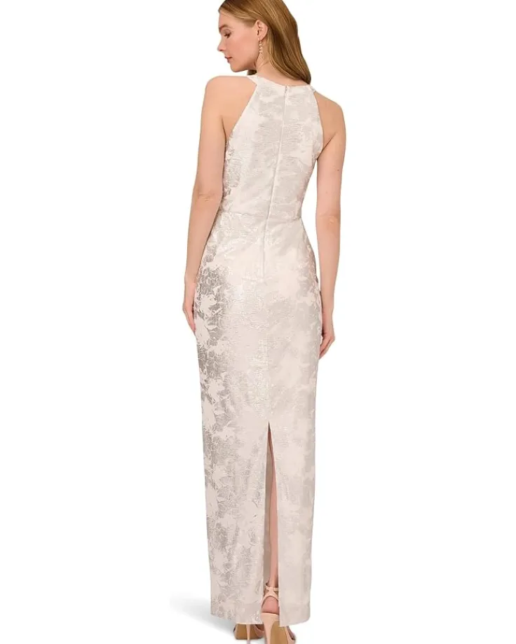 long_sleeveless_foiled_ha_1.webp Adrianna Papell Dresses<Long Sleeveless Foiled Halter Gown Ivory/Silver