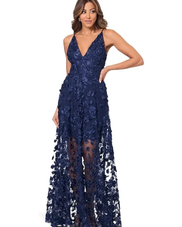 XSCAPE Dresses | Plus Size<Long Soutache Mesh V Neck Navy