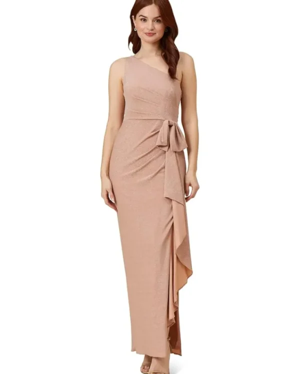 Adrianna Papell Dresses<Long Stretch Metallic Knit One Shoulder Cascade Side Draped Gown Ginger