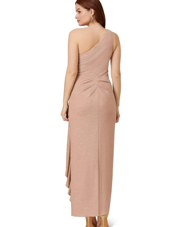 Adrianna Papell Dresses<Long Stretch Metallic Knit One Shoulder Cascade Side Draped Gown Ginger