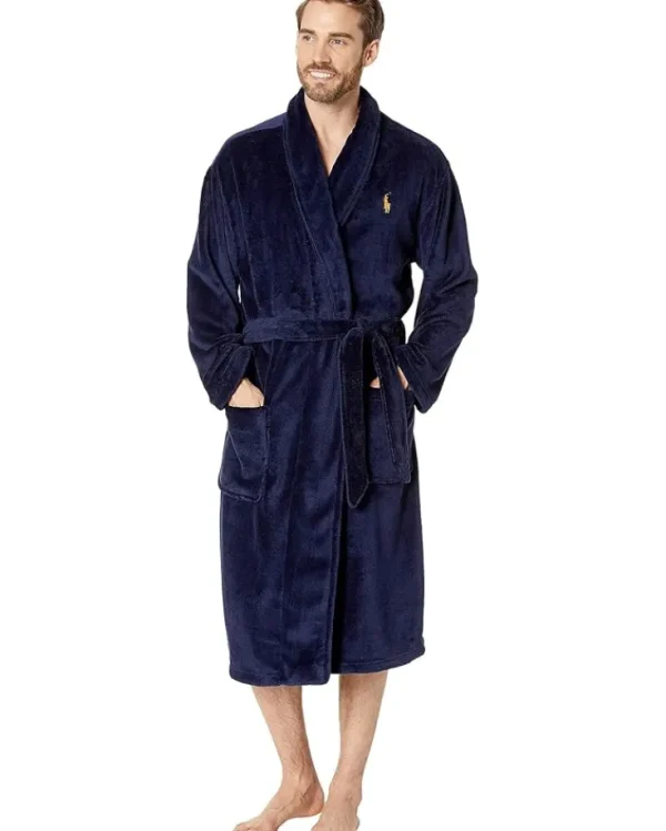 Polo Ralph Lauren Sleepwear<Microfiber Plush Long Sleeve Shawl Collar Robe Blackwatch Plaid/Basic Gold Pony Print