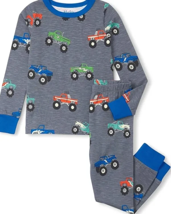 Hatley Kids Pajamas | Pajamas<Monster Trucks Stretch Cotton Pajama Set (Toddler/Little Kid/Big Kid) Grey