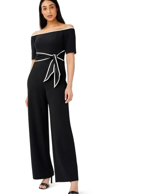 Adrianna Papell Jumpsuits & Rompers<Off-the-Shoulder Knit Crepe Tie Waist Jumpsuit Black