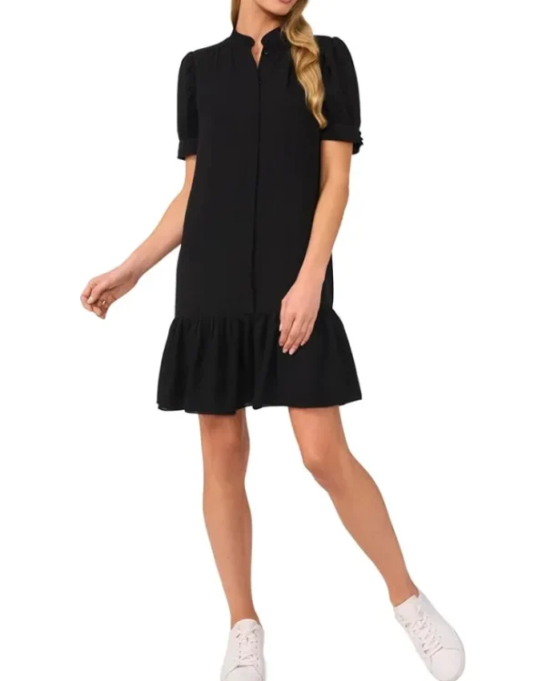 CeCe Dresses<Open Collar Hidden Placket Dress W Flounce Rich Black