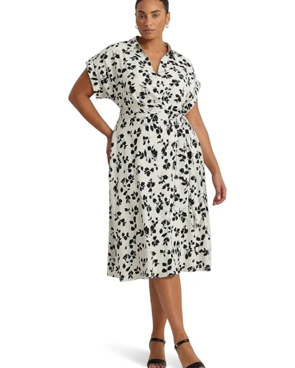 Lauren Ralph Lauren Dresses | Plus Size<Plus-Size Leaf-Print Belted Crepe Dress Cream/Black