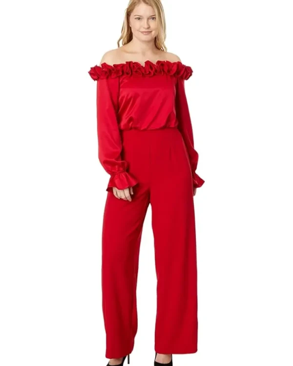 Adrianna Papell Jumpsuits & Rompers<Satin Crepe Off the Shoulder Rosette Jumpsuit Hot Ruby