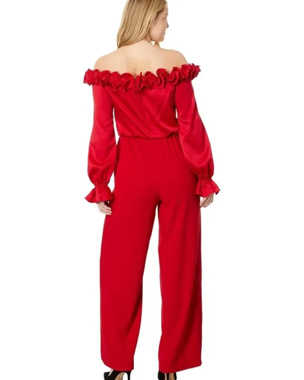 Adrianna Papell Jumpsuits & Rompers<Satin Crepe Off the Shoulder Rosette Jumpsuit Hot Ruby