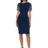Betsy & Adam Dresses<Short Rouched Crepe w/Beaded Flutter Sleeve Navy/Silver