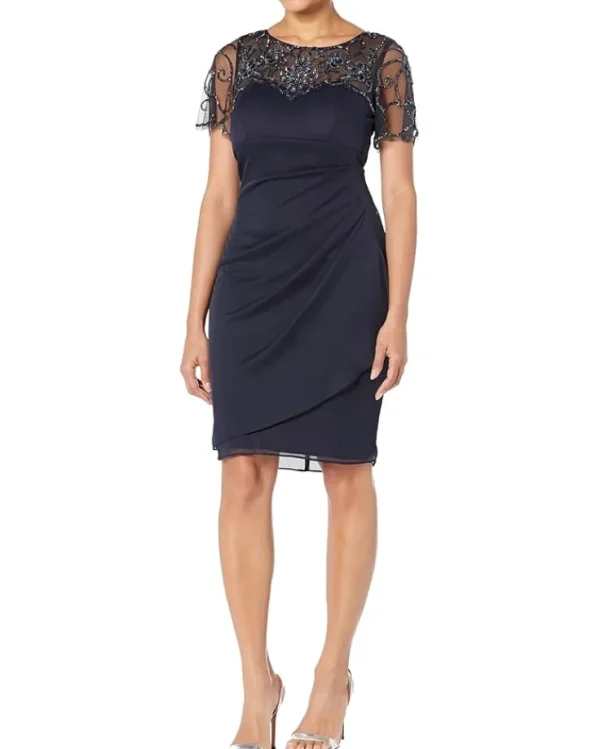 XSCAPE Dresses<Short Sheer Matte Jersey Beaded Top Navy