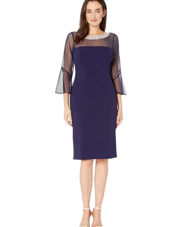 Alex Evenings Dresses<Short Shift Dress with Beaded Illusion Neckline and Bell Sleeves Navy