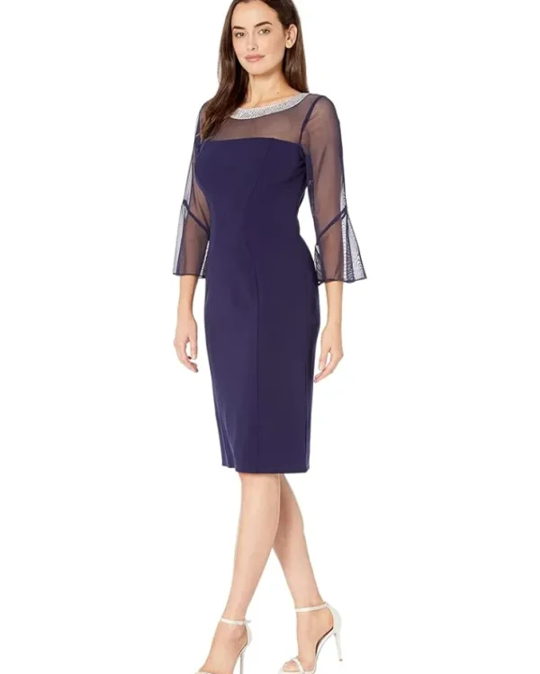 Alex Evenings Dresses<Short Shift Dress with Beaded Illusion Neckline and Bell Sleeves Navy
