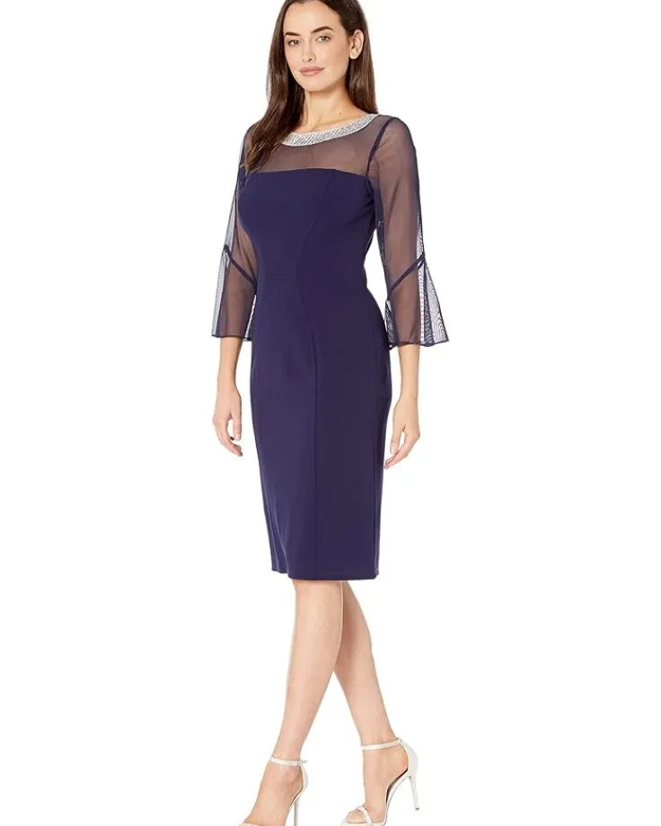 short_shift_dress_with_be_1.webp Alex Evenings Dresses<Short Shift Dress with Beaded Illusion Neckline and Bell Sleeves Navy