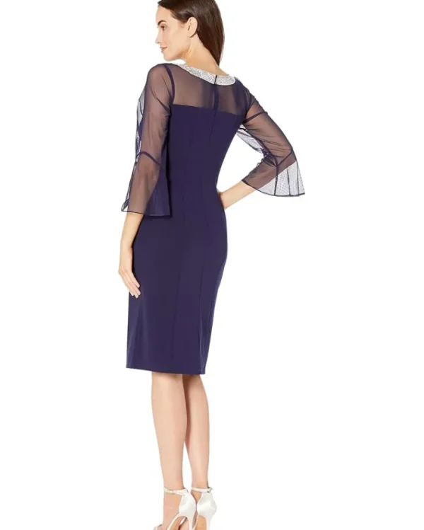 Alex Evenings Dresses<Short Shift Dress with Beaded Illusion Neckline and Bell Sleeves Navy