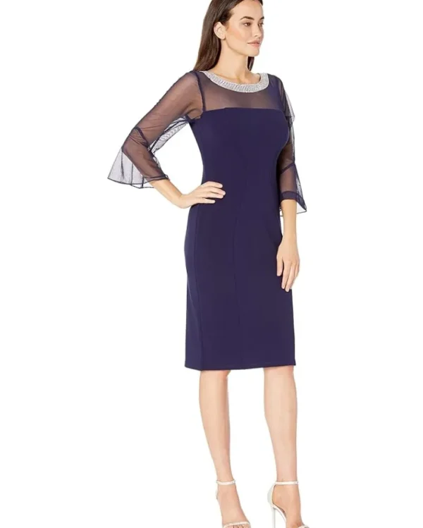 Alex Evenings Dresses<Short Shift Dress with Beaded Illusion Neckline and Bell Sleeves Navy