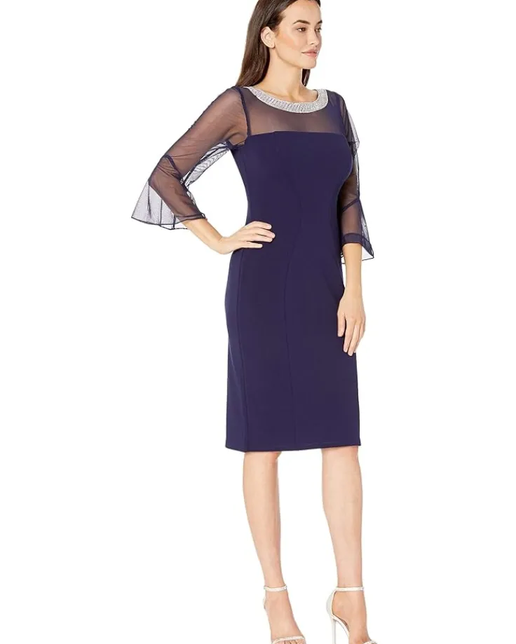 short_shift_dress_with_be_3.webp Alex Evenings Dresses<Short Shift Dress with Beaded Illusion Neckline and Bell Sleeves Navy