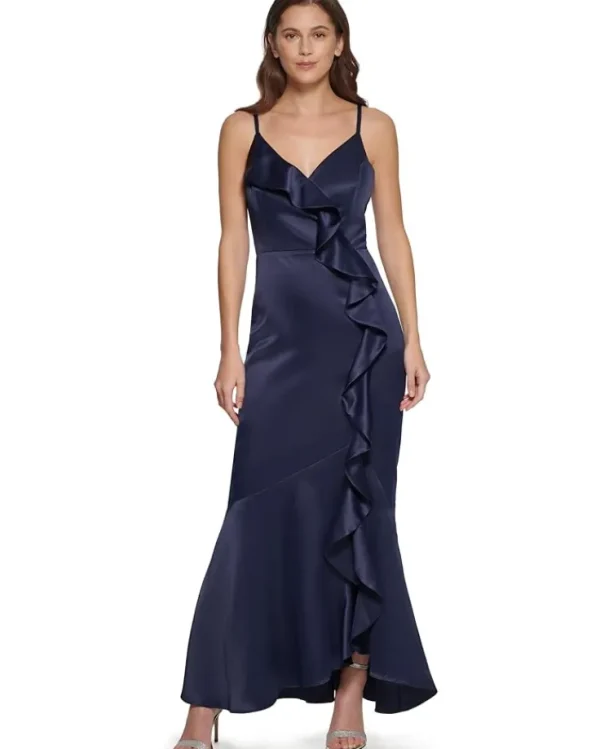 DKNY Dresses<Sleeveless Ruffled V-Neck Gown Navy