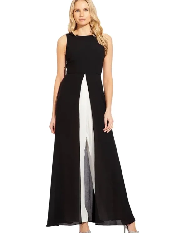 Adrianna Papell Jumpsuits & Rompers<Sleeveless Stretch Crepe Jumpsuit with Chiffon Overlay Black Ivory