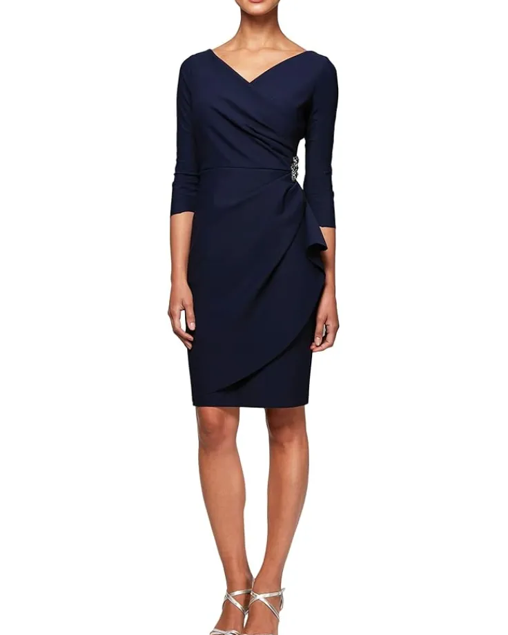 slimming_short_sheath__sl_0.webp Alex Evenings Dresses<Slimming Short Sheath 3/4 Sleeve Dress with Surplus Neckline Navy